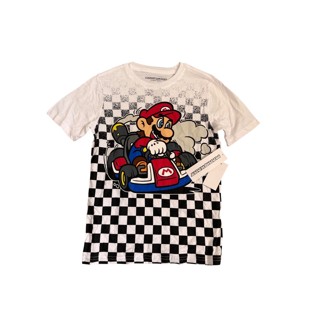 Mario Kart Kids T-Shirt White‎ Mario Racing Go Kart Checkered Size M 8 NEW NWT